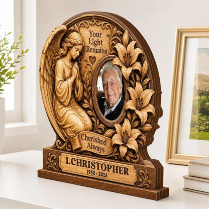 "Your Light Remains Cherished Always" Personalized Memorial Wooden Block - Custom Photo Bereavement Gift for Family