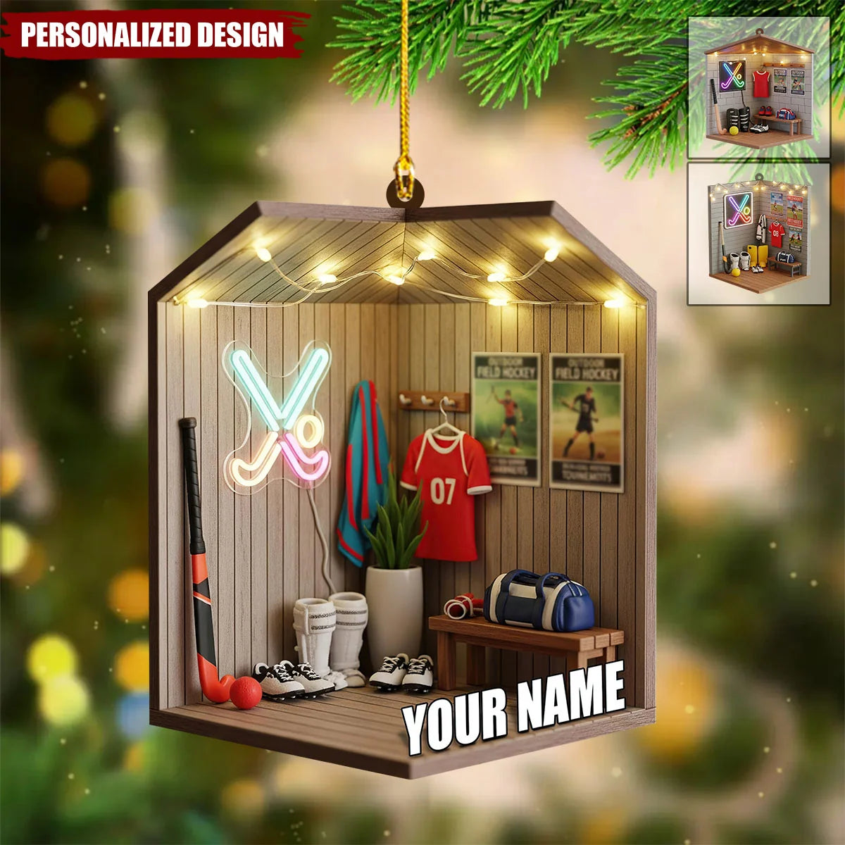 Locker Room Scene Personalized Field Hockey Christmas Ornament - Sports Keepsake Gift for Player and Teammate