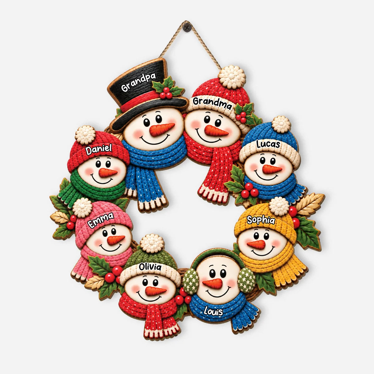 Custom Snowman Family Wreath Wood Sign - Personalized Christmas Gift for Grandma & Grandpa & Family
