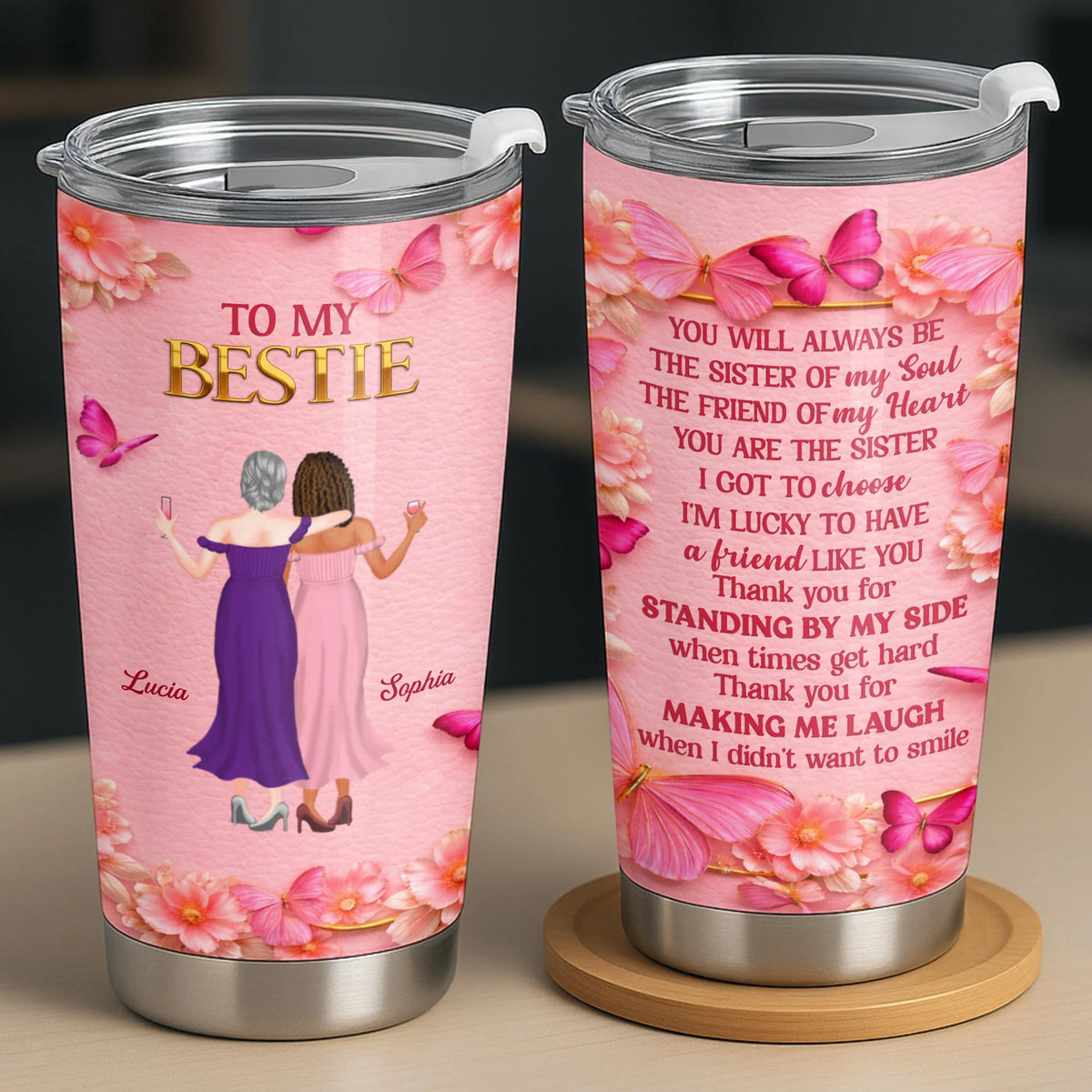 To My Bestie, Women Toasting With Flowers Stainless Steel Tumbler