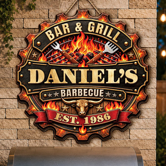 Bar & Grill Barbecue Personalized Wood Sign - Custom Backyard BBQ Gift for Him