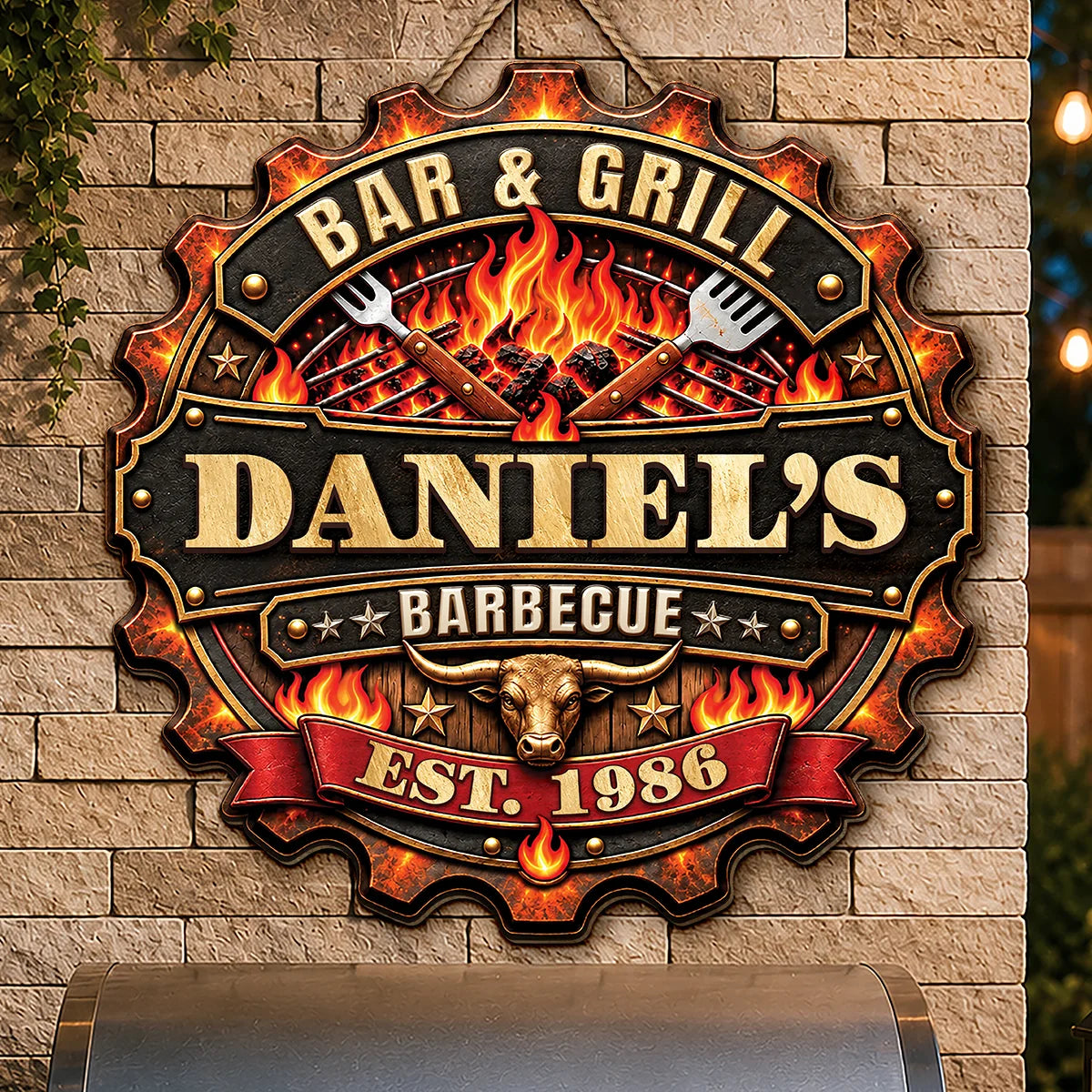 Bar & Grill Barbecue Personalized Wood Sign - Custom Backyard BBQ Gift for Him