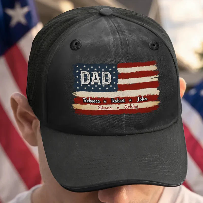 Custom American Flag Dad Cap for Dad with personalized design details for meaningful gifting