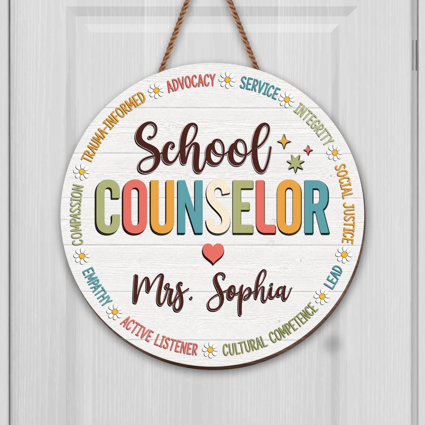 Personalized school counselor wooden sign with daisy flowers and custom name print for office decor image 6
