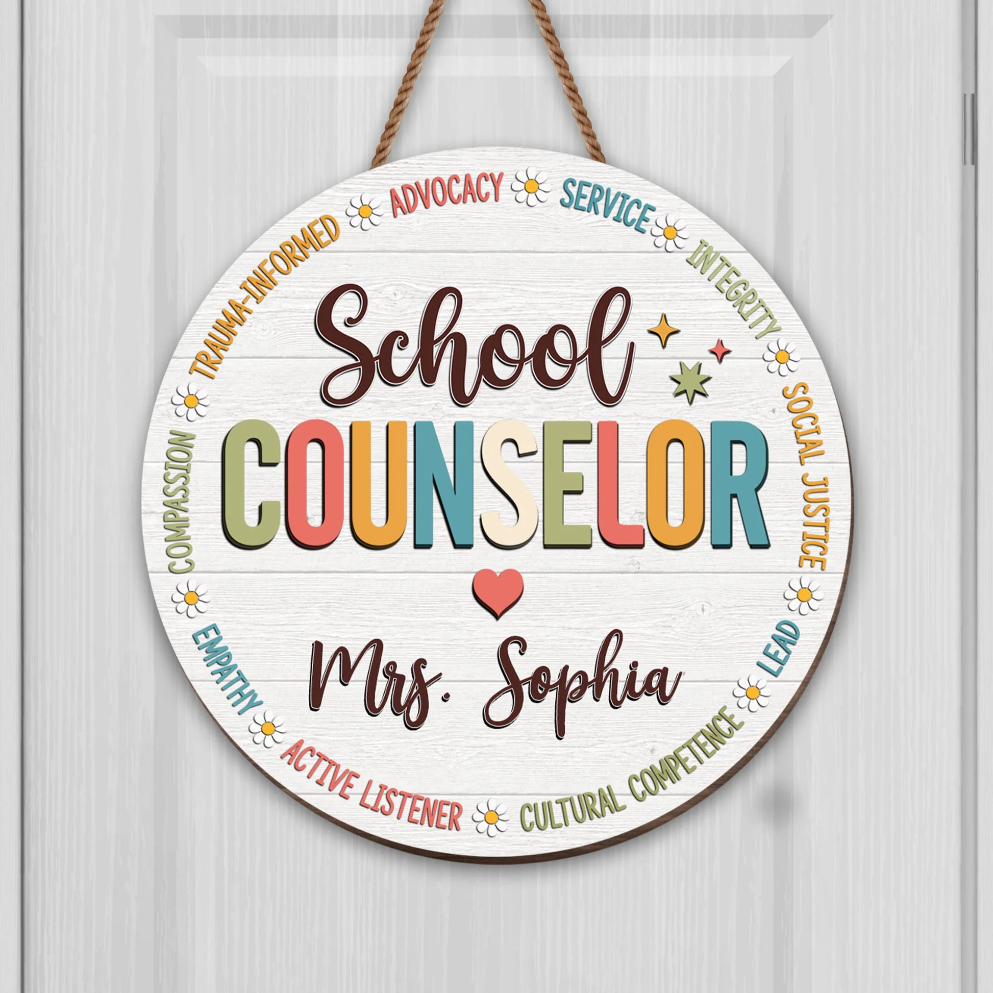 Personalized school counselor wooden sign with daisy flowers and custom name print for office decor image 6