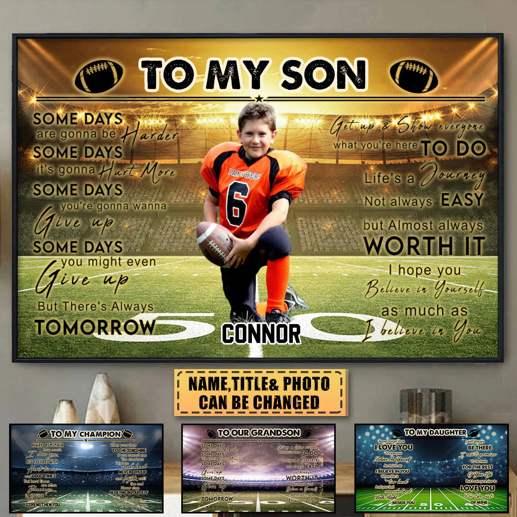 Personalized football canvas wall art with custom boy athlete photo and text for son grandson