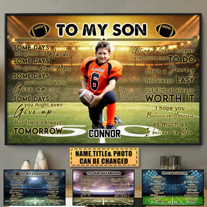 Personalized football canvas wall art with custom boy athlete photo and text for son grandson