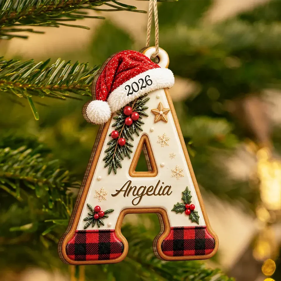 Santa Hat Initial Letter Personalized Wooden Christmas Ornament - Custom Monogram Tree Keepsake for Family