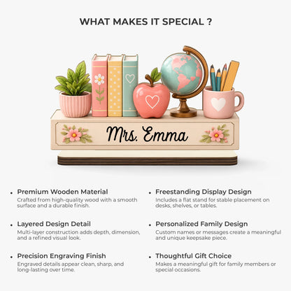 Personalized Teacher Bookshelf Wooden Plaque - Custom Name Classroom Desk Sign Gift