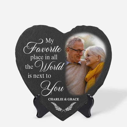 Personalized memorial stone with custom photo and quote My Favorite Place in all the World is next to You