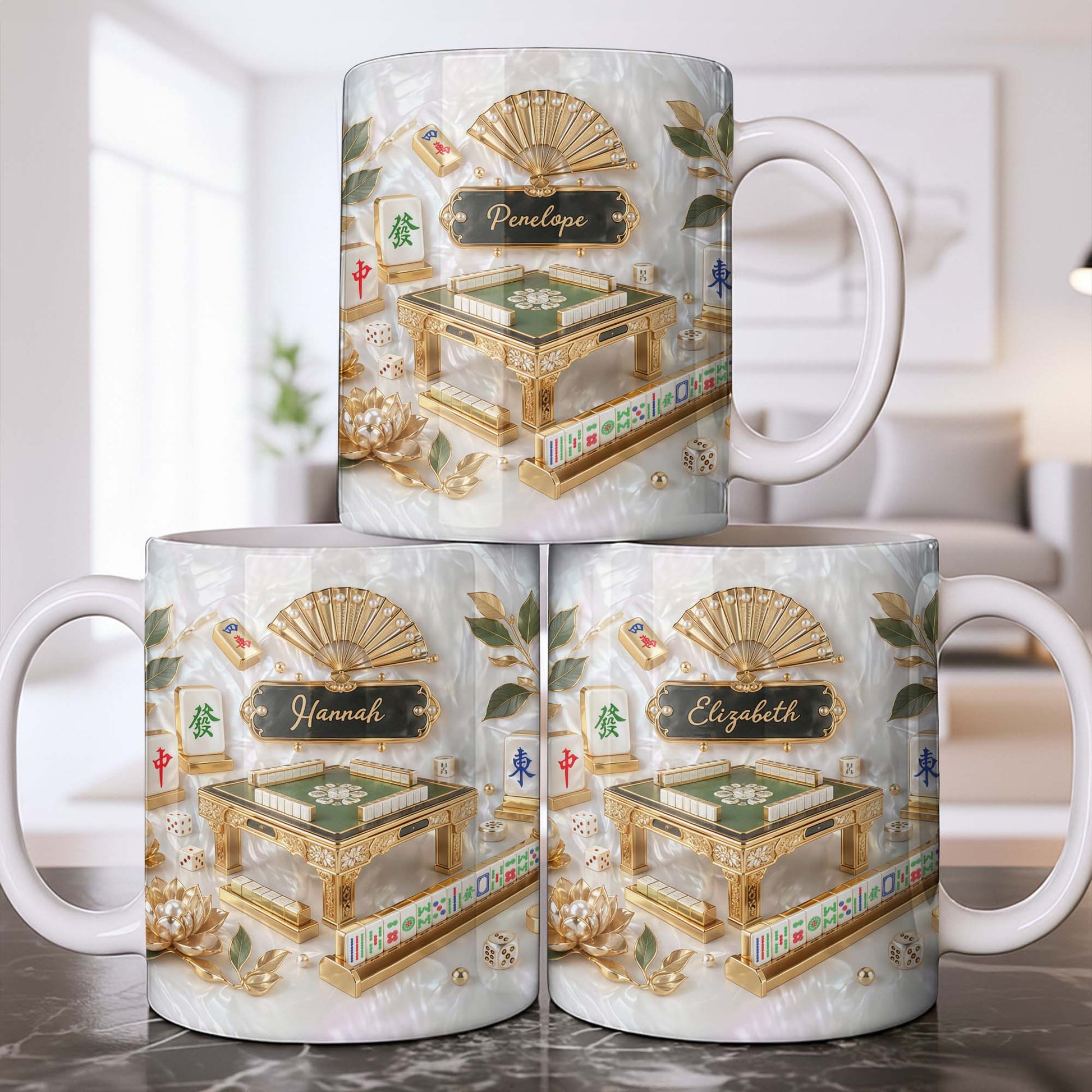 Personalized mahjong coffee mug with faux 3D mother of pearl tiles and a customizable gold name plaque. image 8
