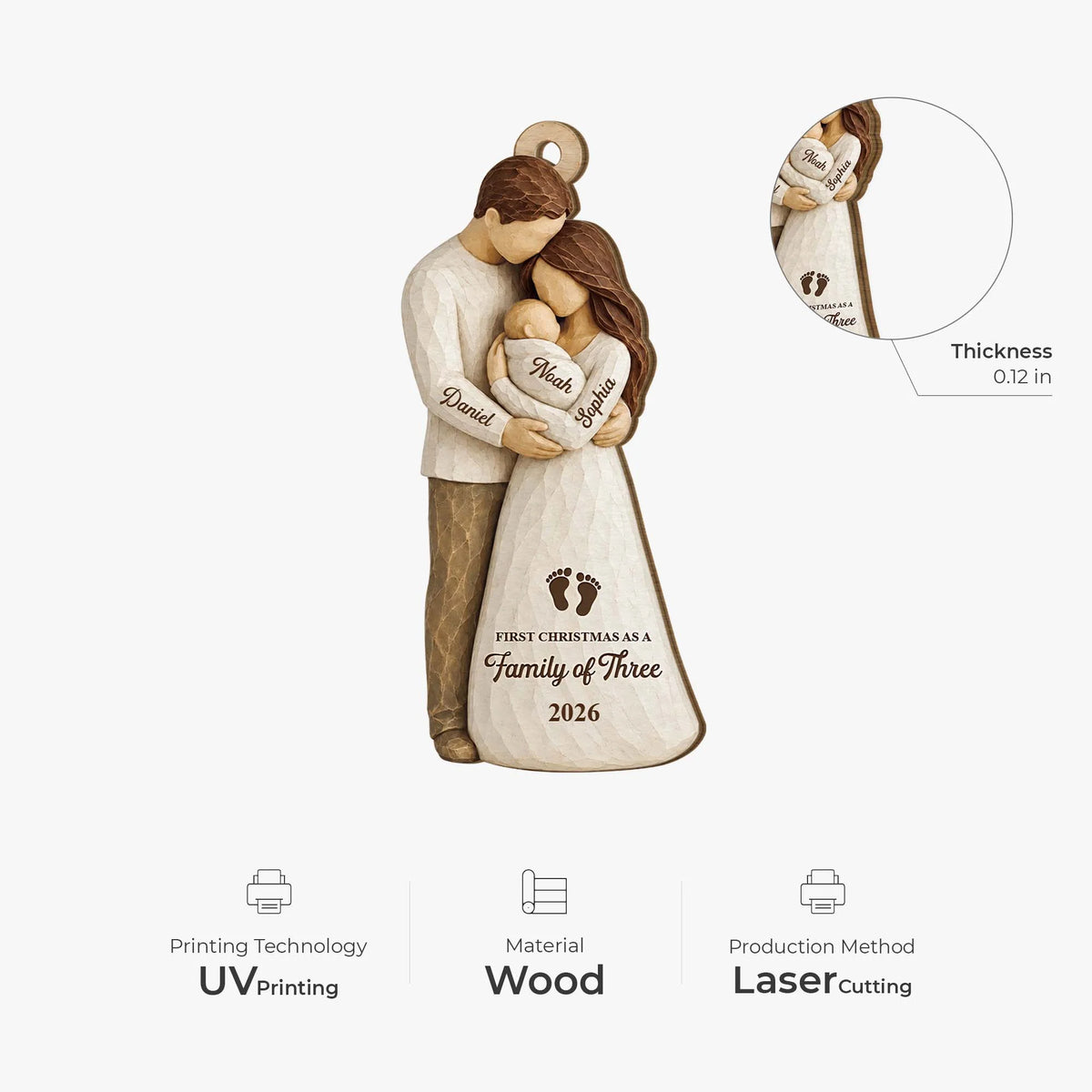 First Christmas as a Family of Three - Personalized Wooden Ornament for New Parents