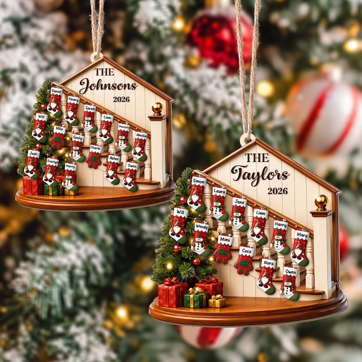 Family Christmas Staircase Personalized Wood Ornament - Christmas Keepsake for Mom and Dad*