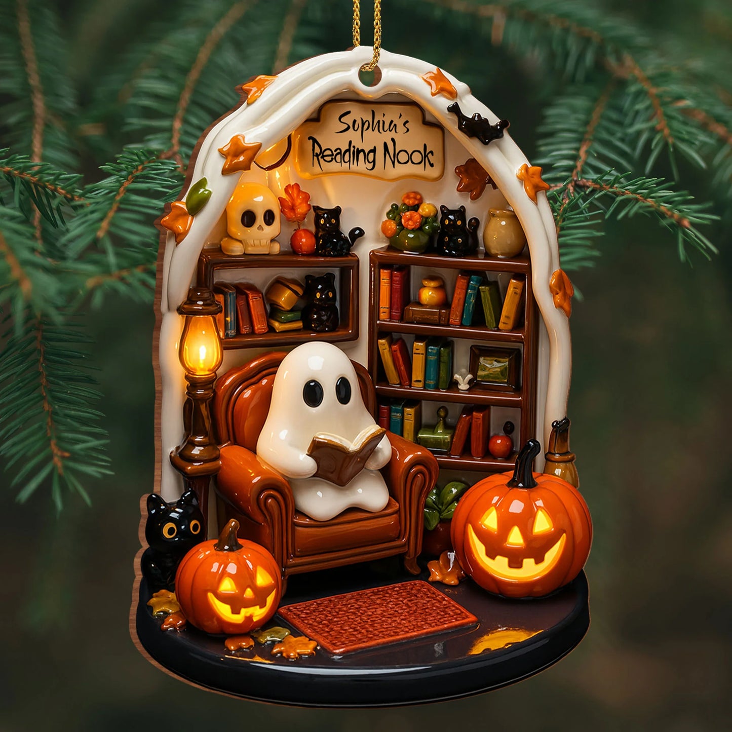 Custom Reading Nook Ghost Wood Ornament for Cat Lovers with personalized design details for meaningful gifting image 7