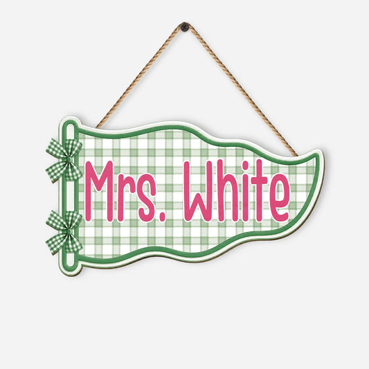 Personalized Teacher Pennant Wood Sign - Custom Classroom Door Hanging Decor Gift