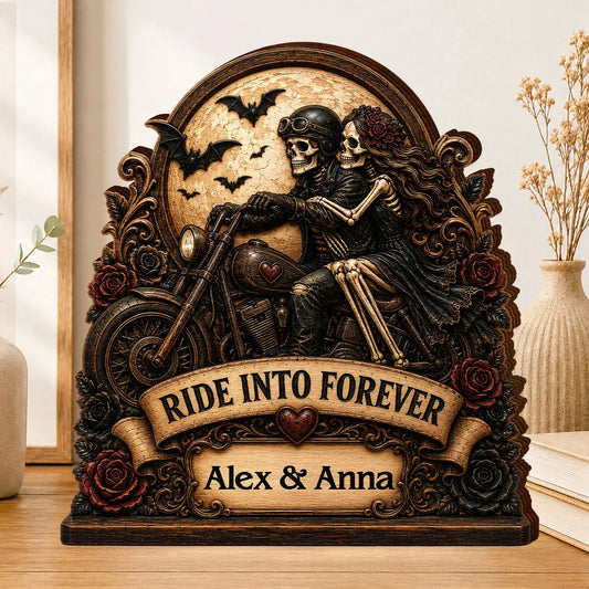 Ride Into Forever Skeleton Biker Couple - Personalized Wooden Block Gift for Husband Wife