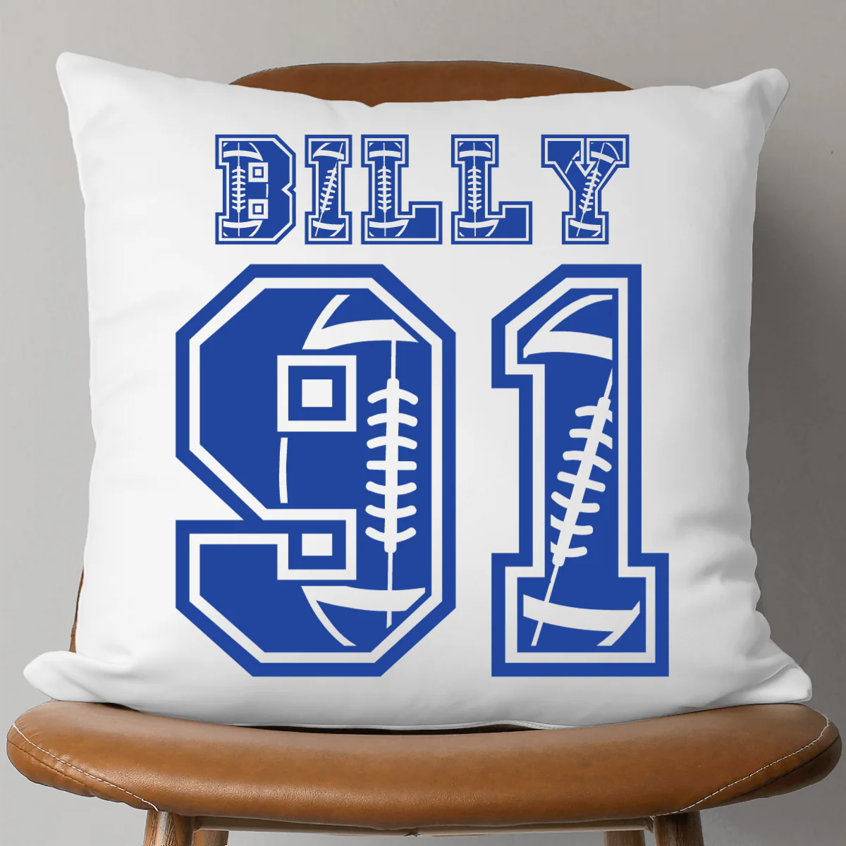 Personalized sports throw pillows with custom name and jersey number for youth baseball or basketball players