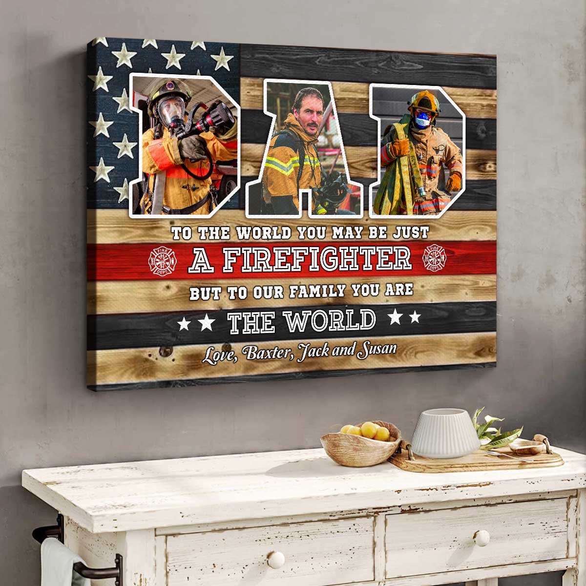 Personalized firefighter dad canvas with custom photo letter prints and flag design