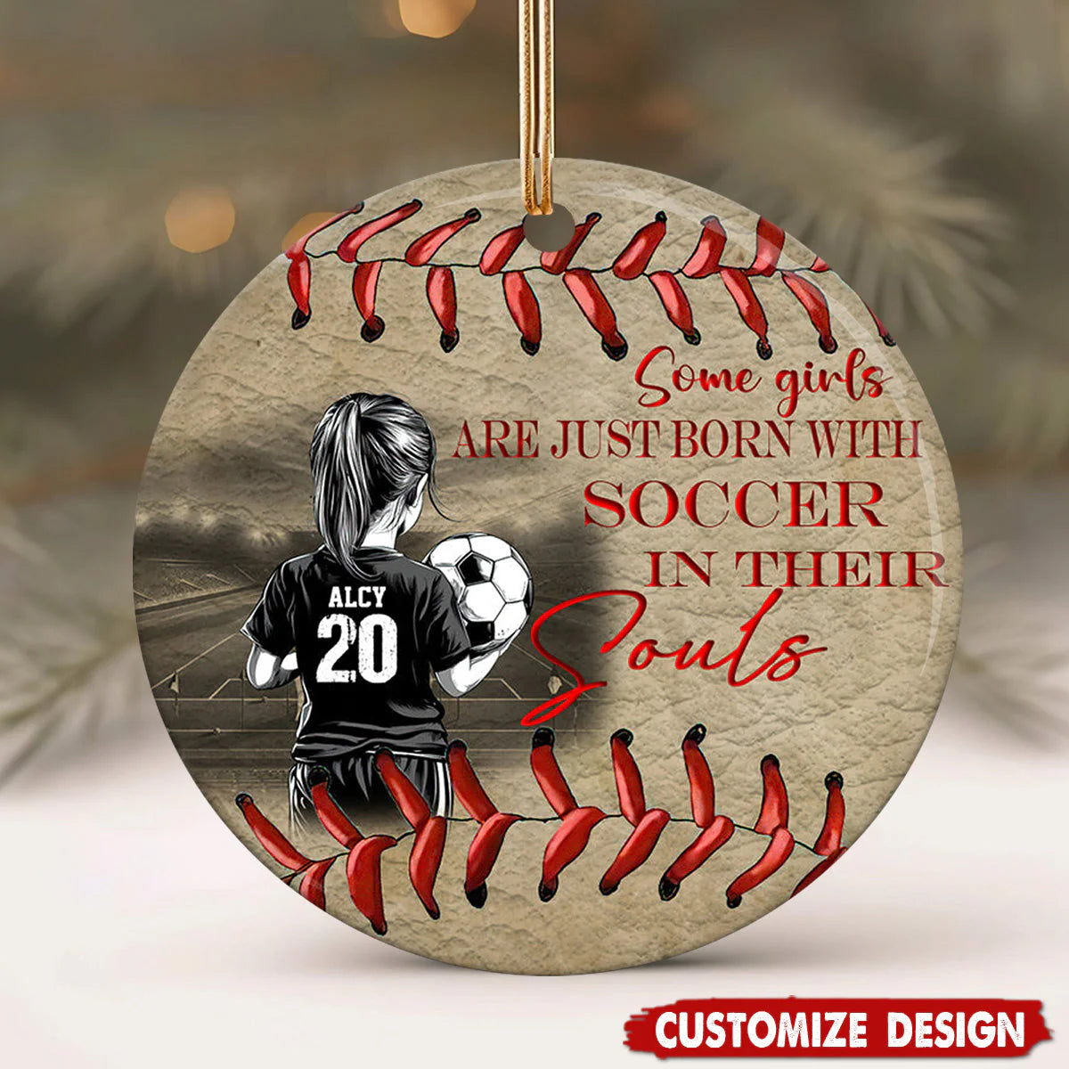 Ceramic Ornament material and size view - Personalized Soccer Girl Ornament
