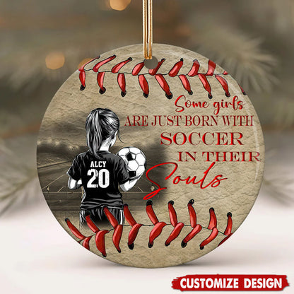 Ceramic Ornament material and size view - Personalized Soccer Girl Ornament