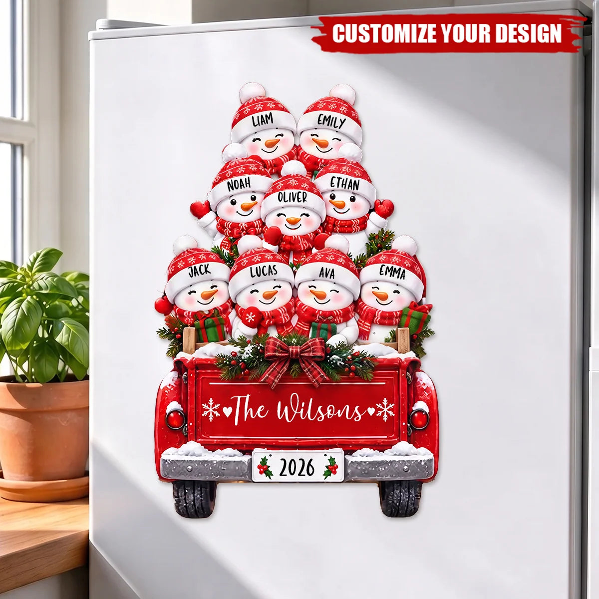 Snowman Red Truck Personalized Christmas Decal - Custom Holiday Window & Car Vinyl Sticker for Family