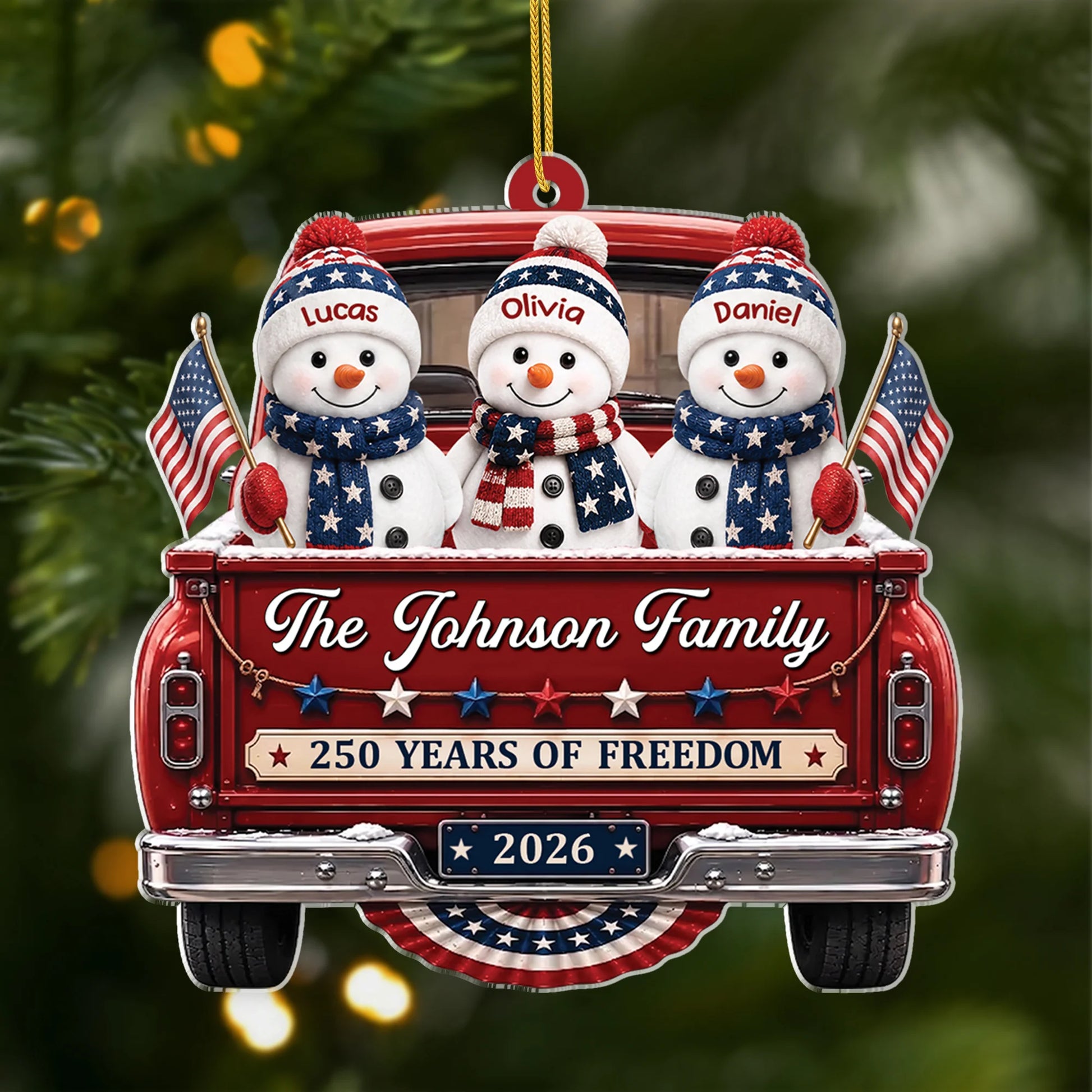 250 Years Of Freedom Snowman Family Truck - Personalized Acrylic Christmas Ornament for Family