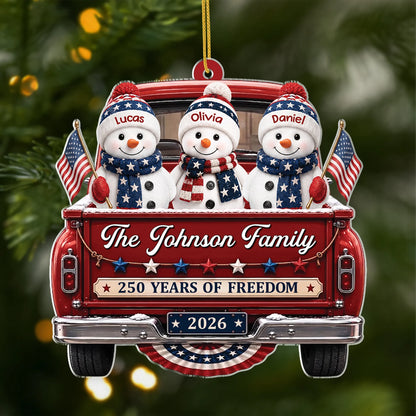 250 Years Of Freedom Snowman Family Truck - Personalized Acrylic Christmas Ornament for Family
