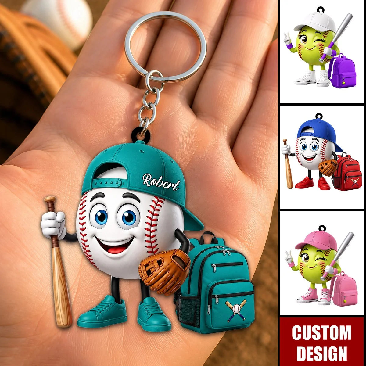 Personalized Baseball & Softball Mascot Acrylic Keychain - Custom Name Gift for Youth Sports Players