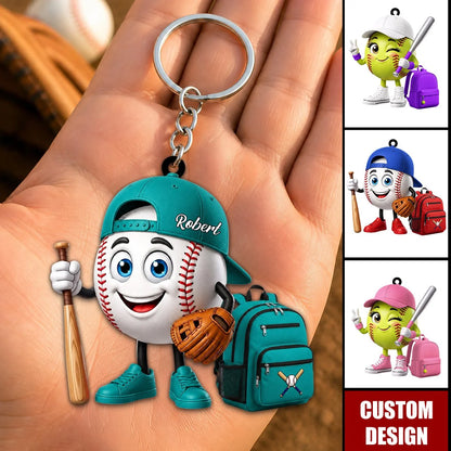 Personalized Baseball & Softball Mascot Acrylic Keychain - Custom Name Gift for Youth Sports Players