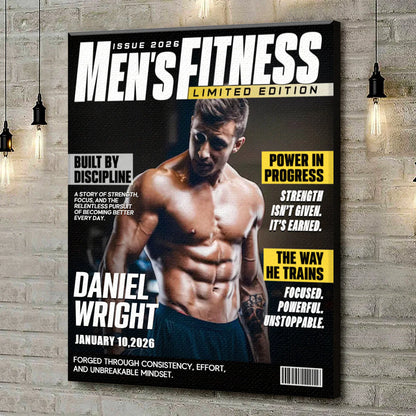 Custom fitness magazine cover canvas print featuring a personalized photo and name layout for home gym wall decor
