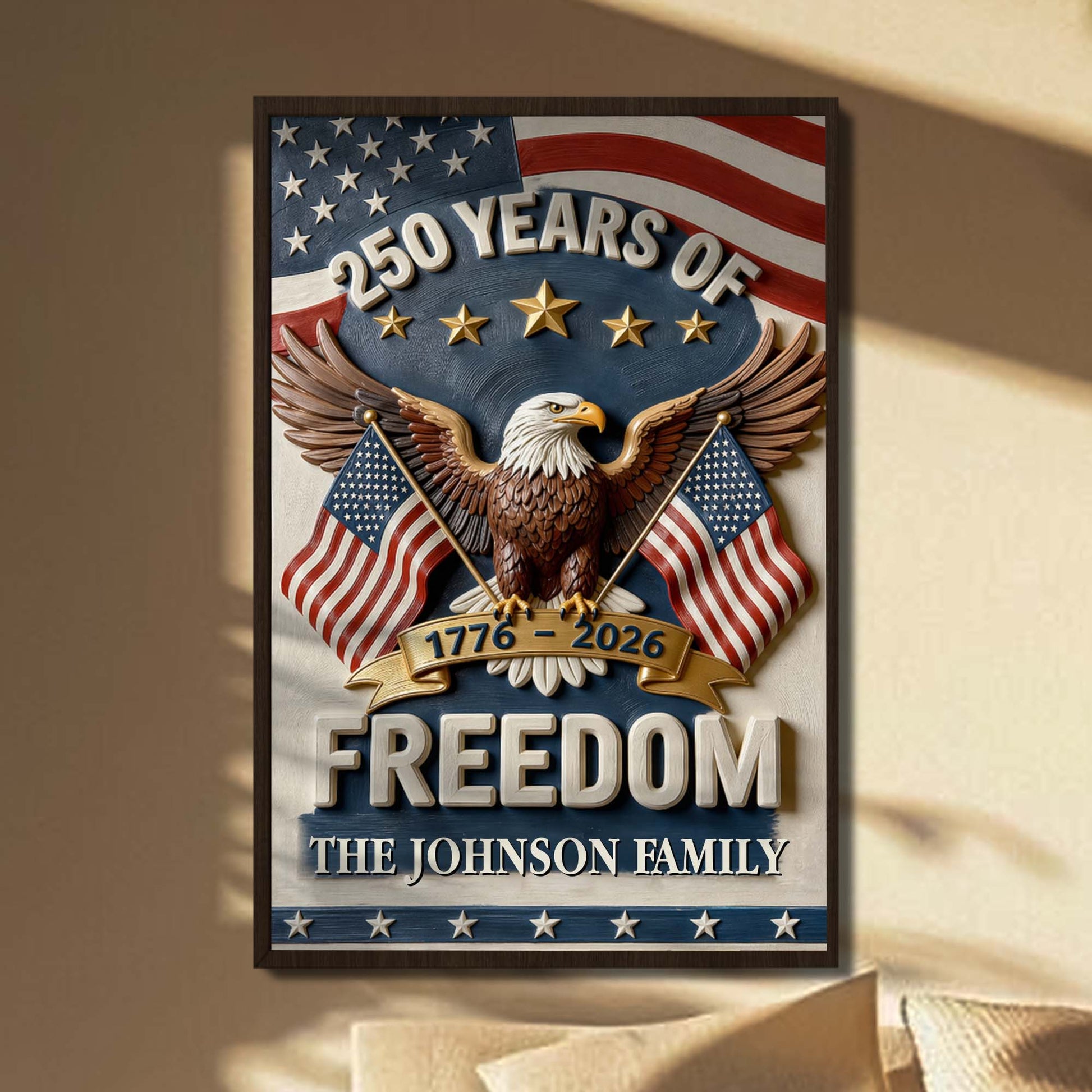 Custom patriotic family name canvas poster featuring a bald eagle and American flag for home decor