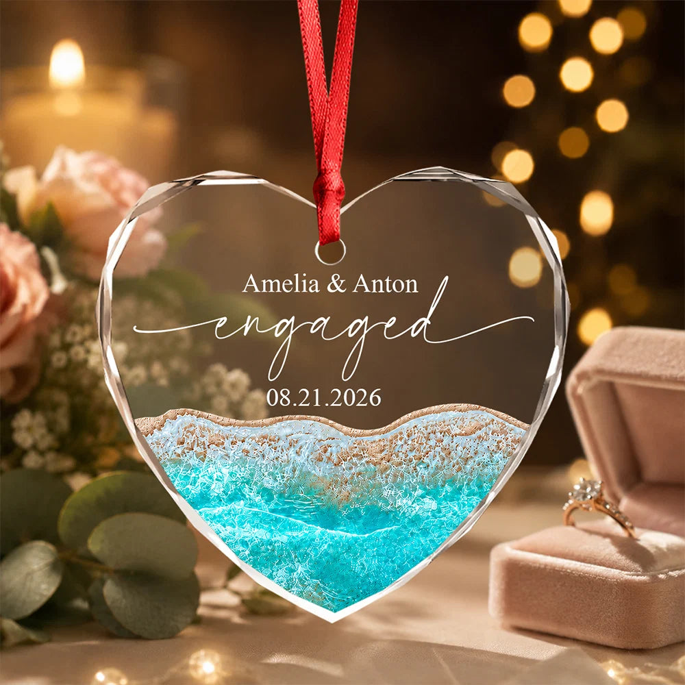 Married Engaged Beach Heart Glass Ornament - Personalized Wedding Keepsake Gift for Couples