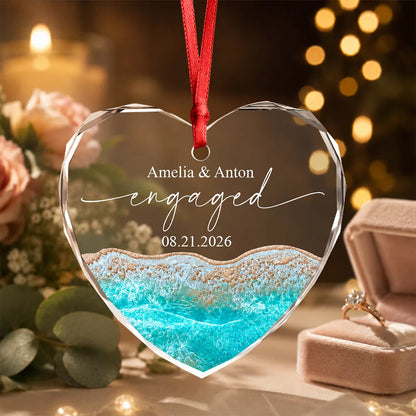 Married Engaged Beach Heart Glass Ornament - Personalized Wedding Keepsake Gift for Couples