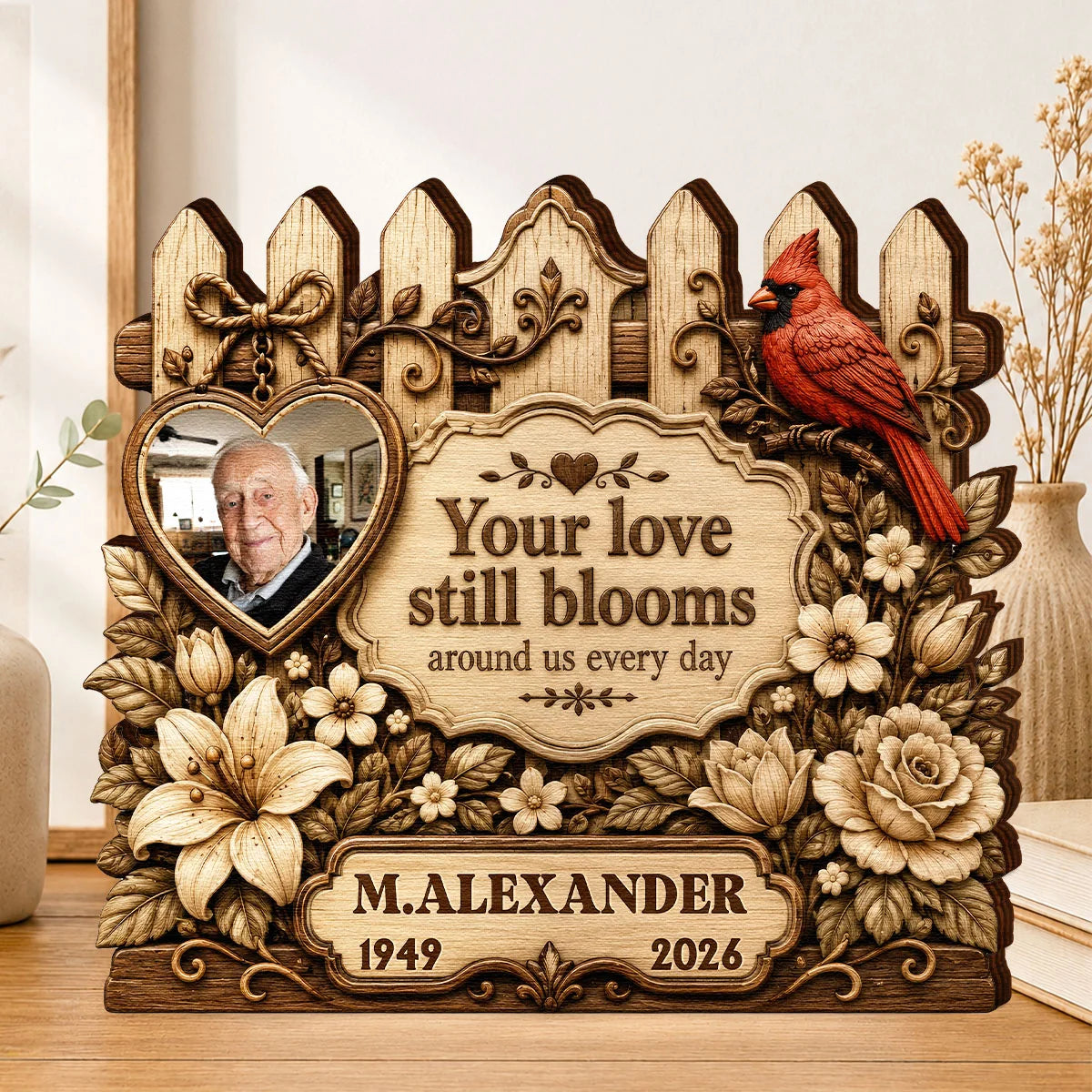 Your Love Still Blooms Personalized Memorial Wooden Block - Custom Photo Bereavement Gift for Family