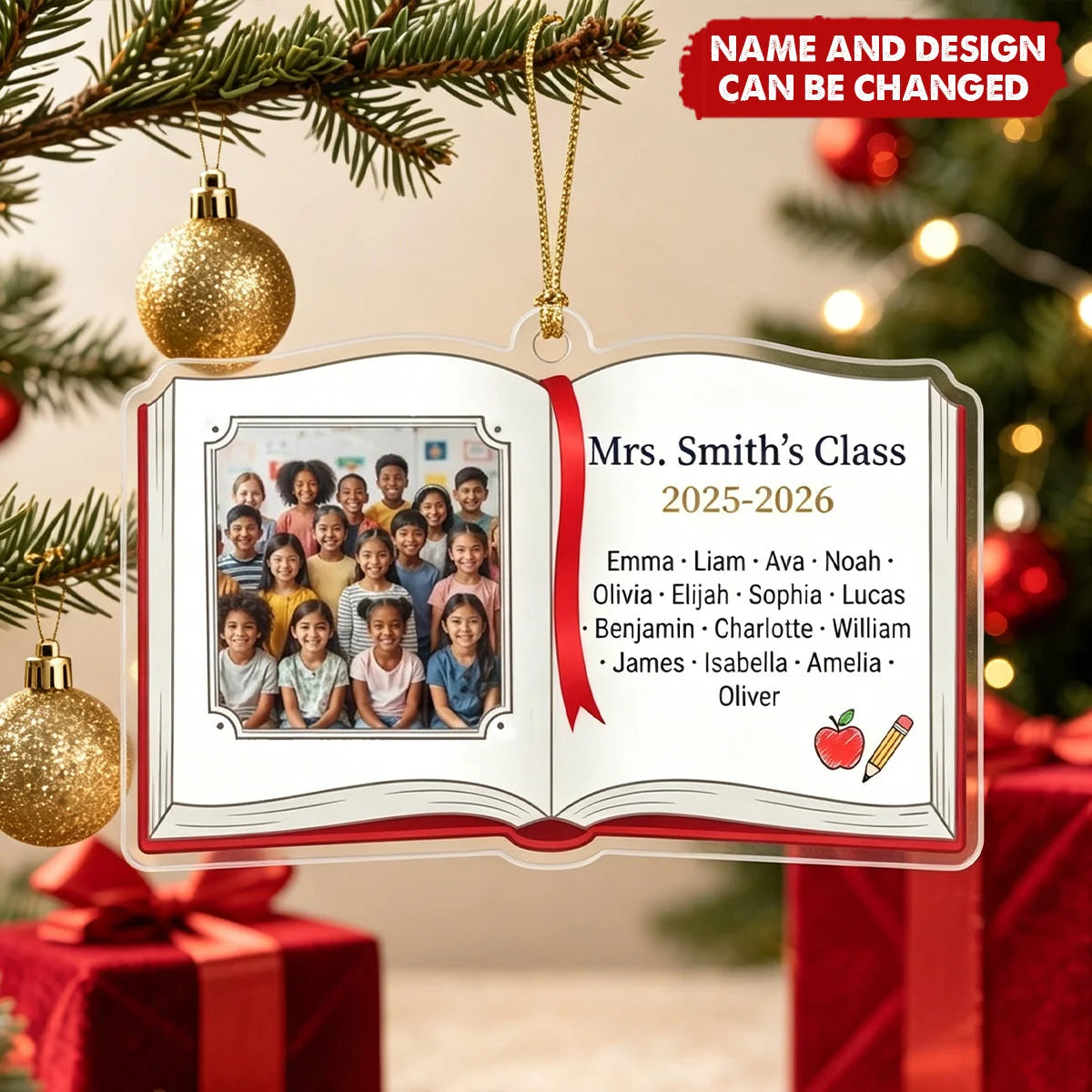 Custom Class Photo Book Acrylic Ornament - Personalized Teacher Appreciation Keepsake Gift with Student Names