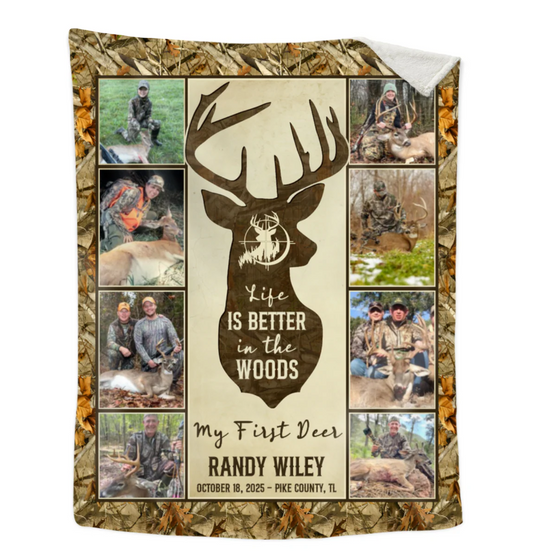 Personalized hunting blanket with custom photo collage and deer design - unique gift for dad and husband
