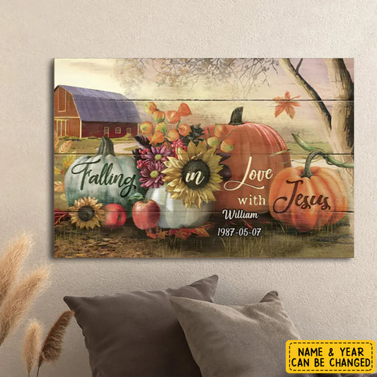Custom Falling in Love with Jesus autumn canvas print featuring pumpkins, sunflowers, barn landscape, name, and date