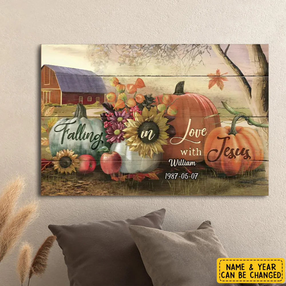 Custom Falling in Love with Jesus autumn canvas print featuring pumpkins, sunflowers, barn landscape, name, and date