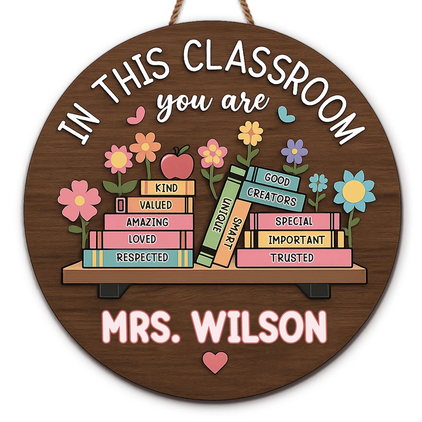 Personalized teacher classroom wood sign featuring school books and custom name for teacher appreciation gift image 7