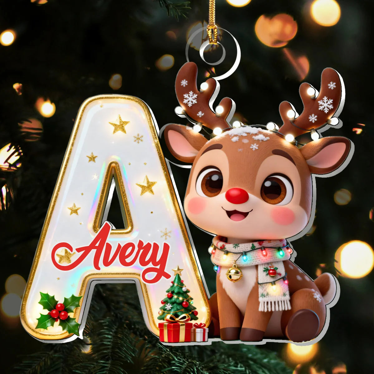 Cute Reindeer Monogram Personalized Acrylic Ornament - Christmas Decor Gift for Kids