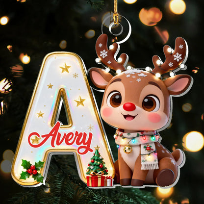 Cute Reindeer Monogram Personalized Acrylic Ornament - Christmas Decor Gift for Kids