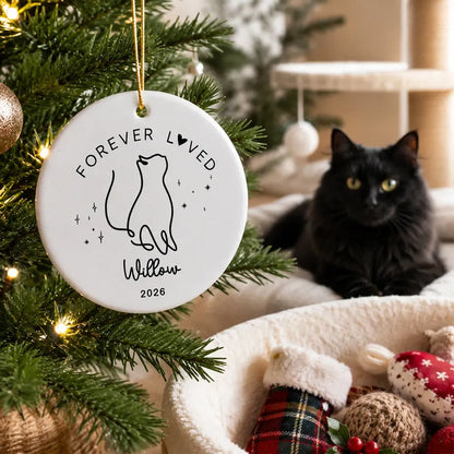 Forever Loved Personalized Cat Memorial Ceramic Ornament - Custom Pet Loss Keepsake Gift for Cat Lovers
