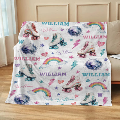 Personalized Roller Skate Blanket - Retro Disco Rainbow Custom Name Throw for Kids