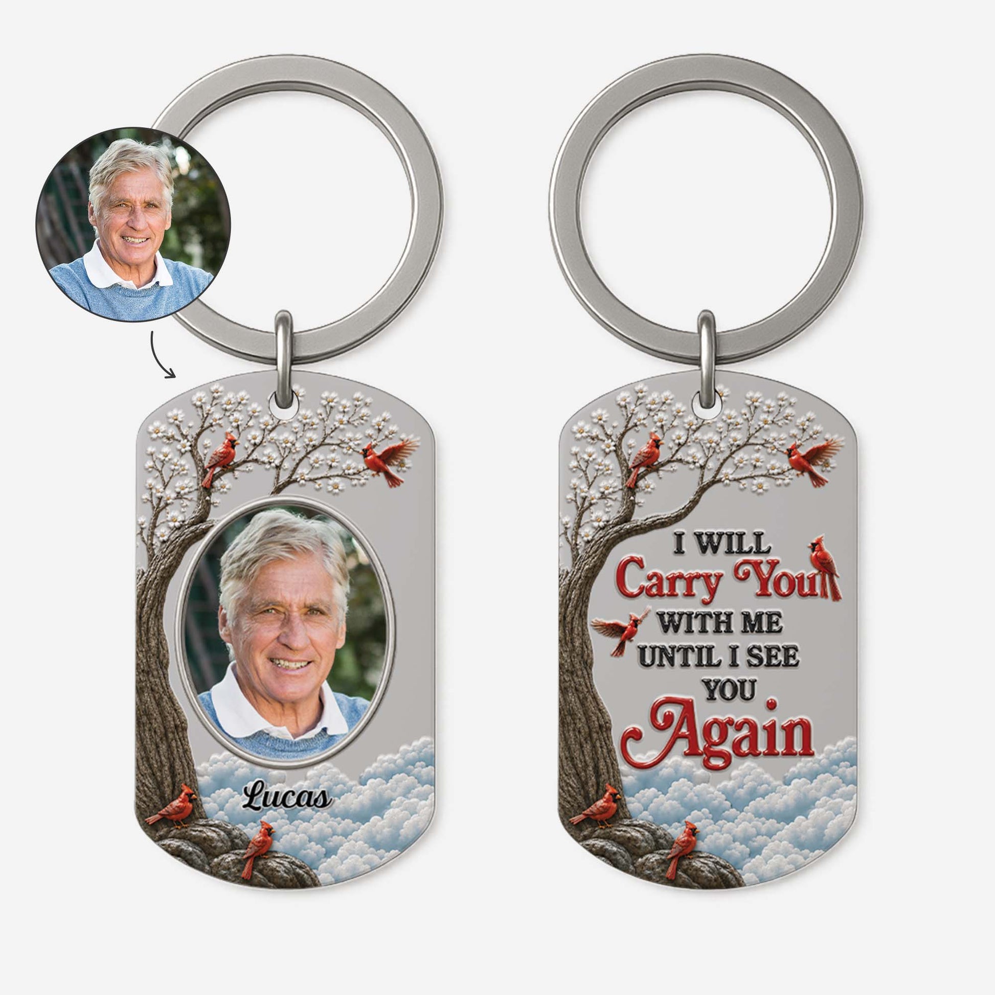 Personalized memorial keychain featuring custom photo print and cardinal design for remembrance gift