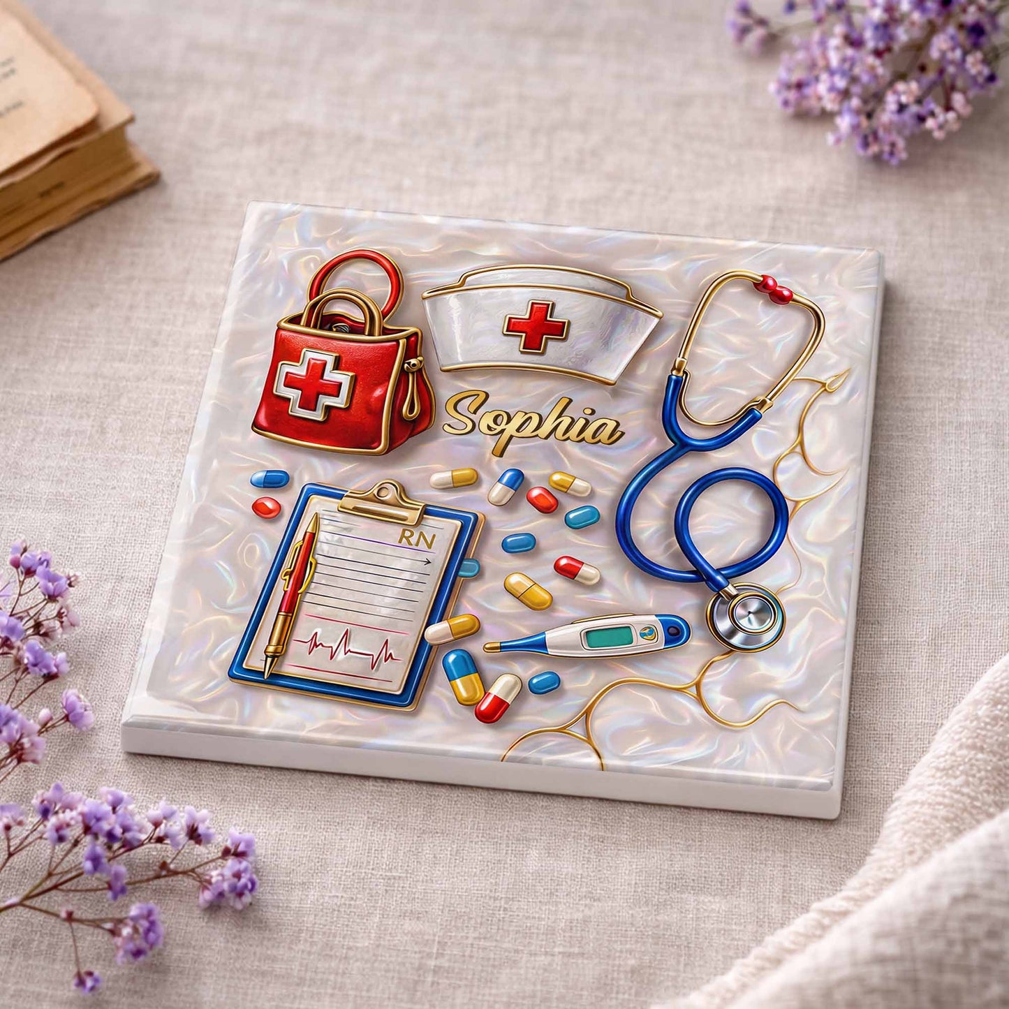 Personalized nurse ceramic coaster with custom name, stethoscope, and medical icons for RN graduation gift image 8
