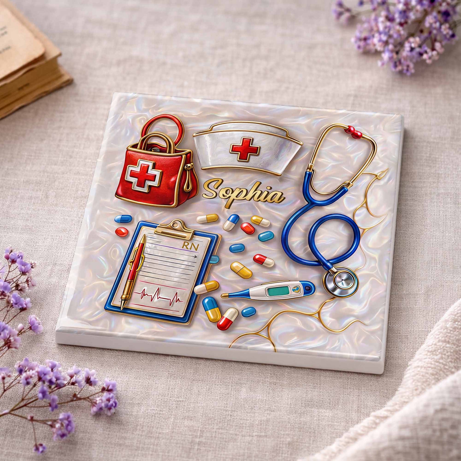 Personalized nurse ceramic coaster with custom name, stethoscope, and medical icons for RN graduation gift image 8