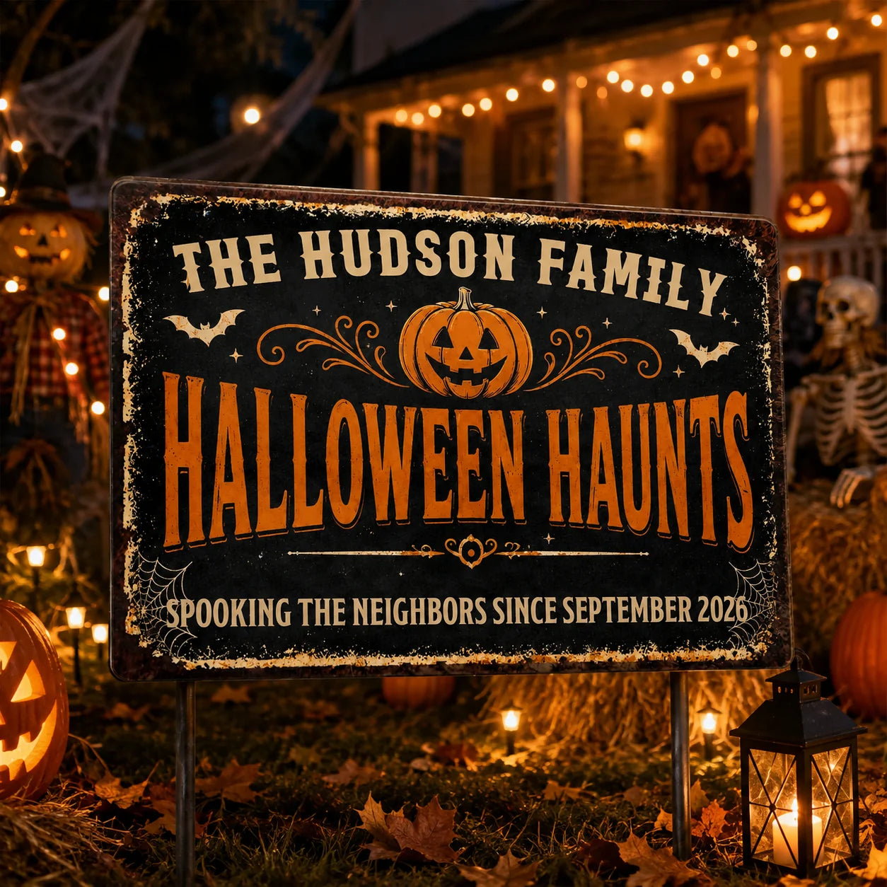 Our Family Halloween Haunts Spooking The Neighbors - Personalized Metal Sign Custom Pumpkin Wall Decor