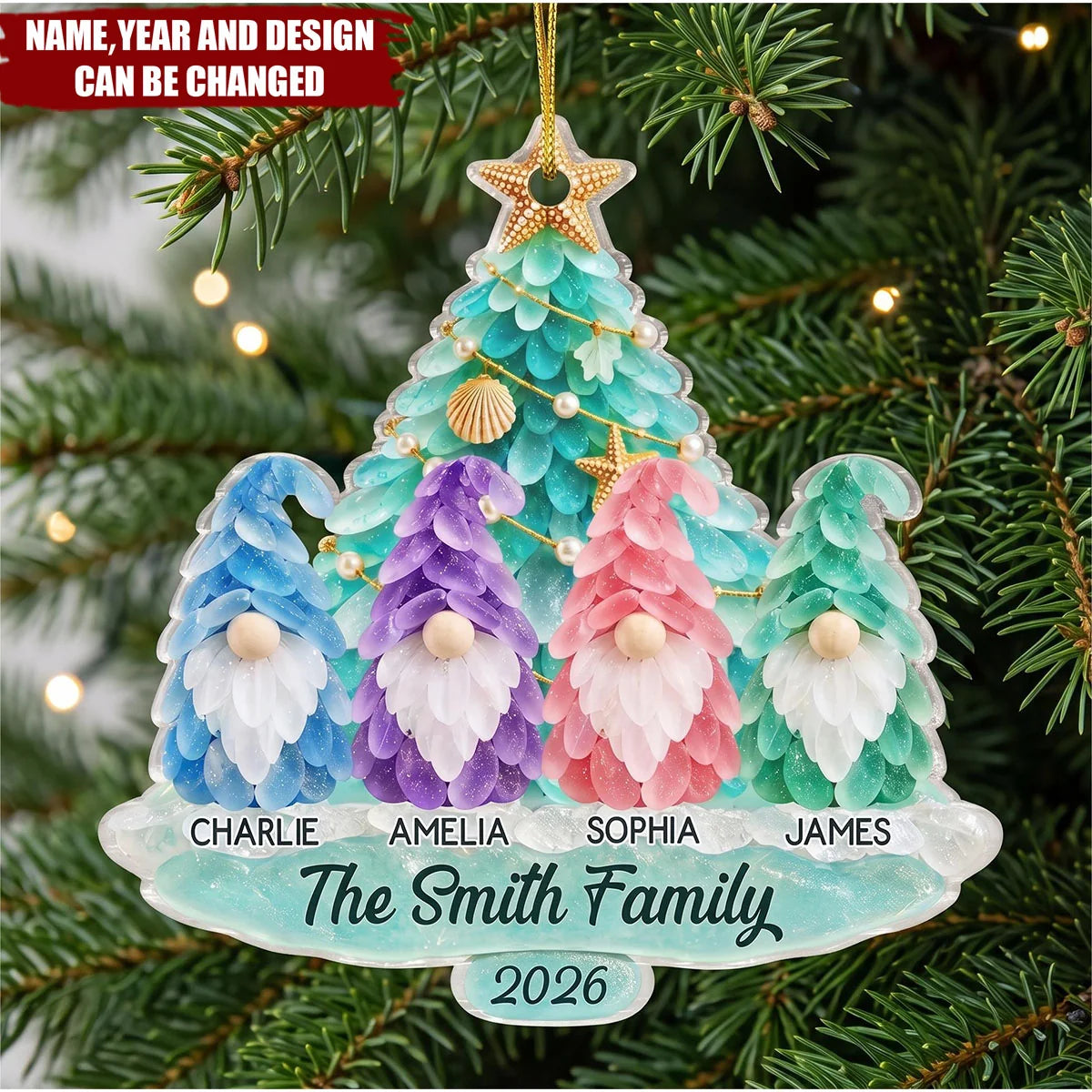 Personalized Coastal Christmas Ornament - Custom Sea Glass Gnome Tree Gift for Family