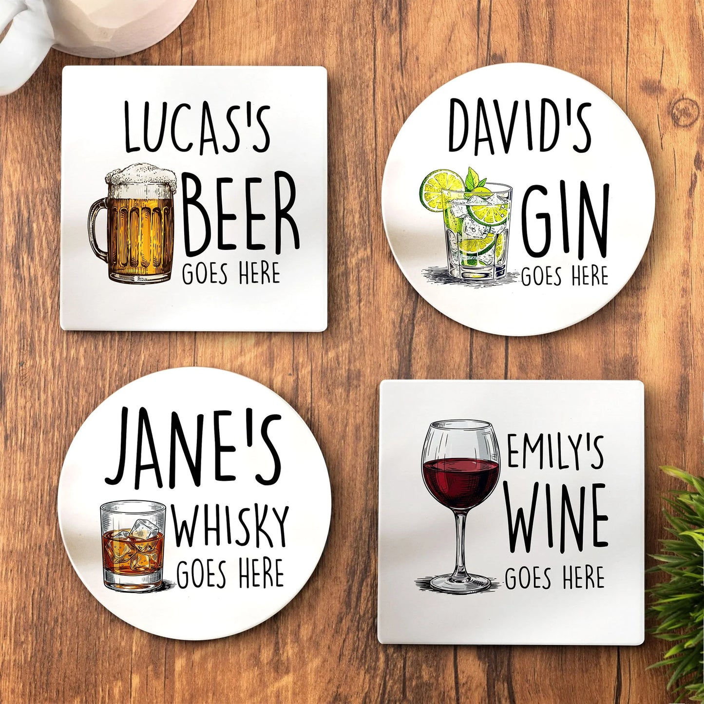 Personalized ceramic coaster with custom drink design for Father's Day gift