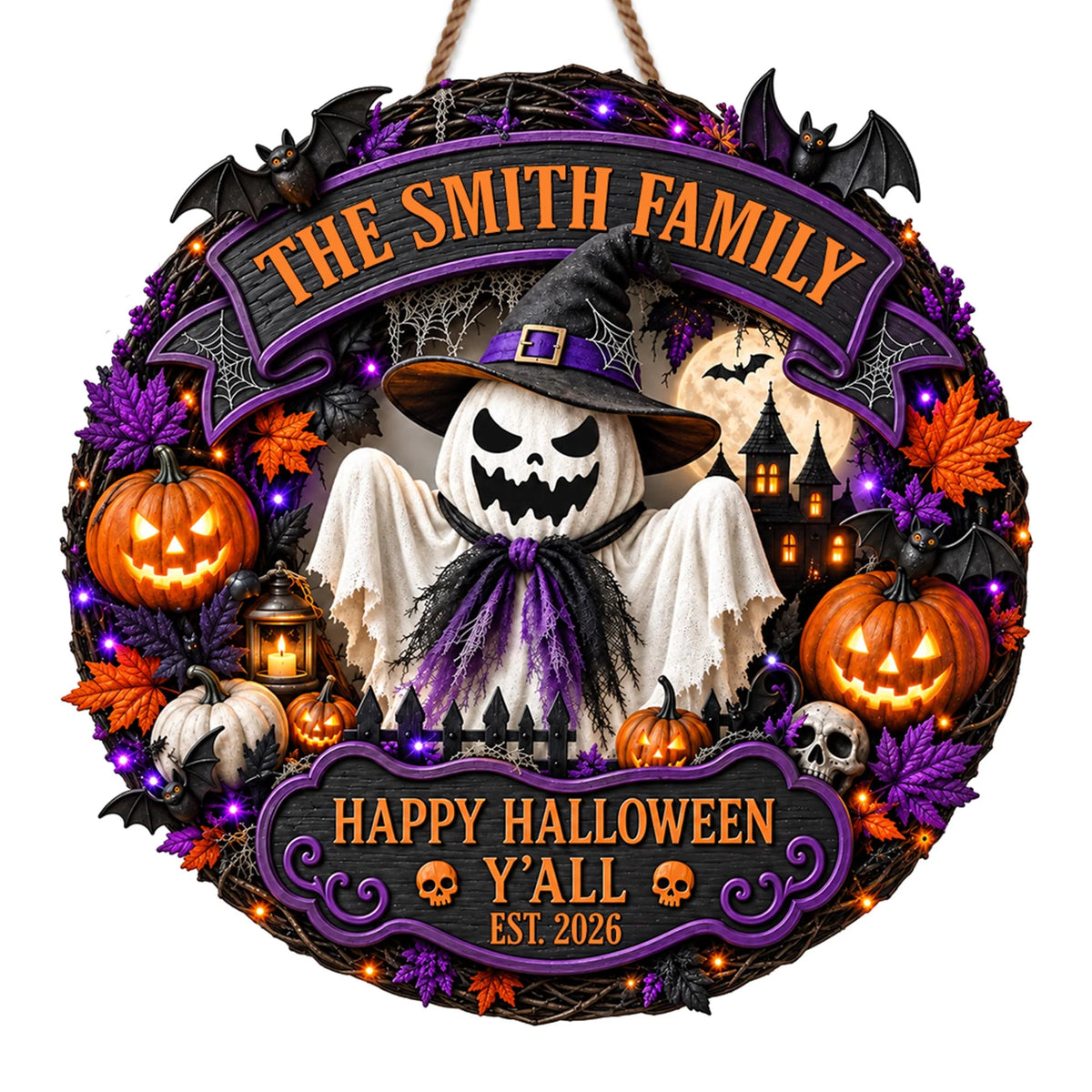 Happy Halloween Y'all Personalized Wood Sign - Custom Ghost Wreath Decor for Family
